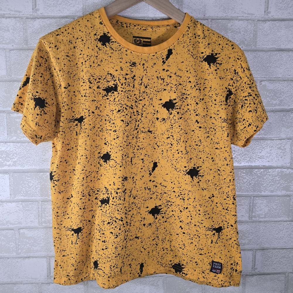 Phat Farm Women's Yellow Black Paint Splatter Cotton T-Shirt Y2K Size S/P